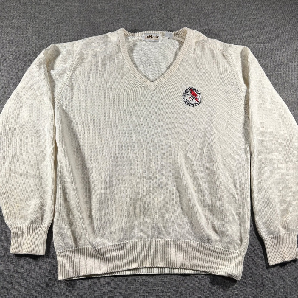 Vintage LaMode V-Neck Sweater Mens XL Cream Country Club Embroidered Cotton